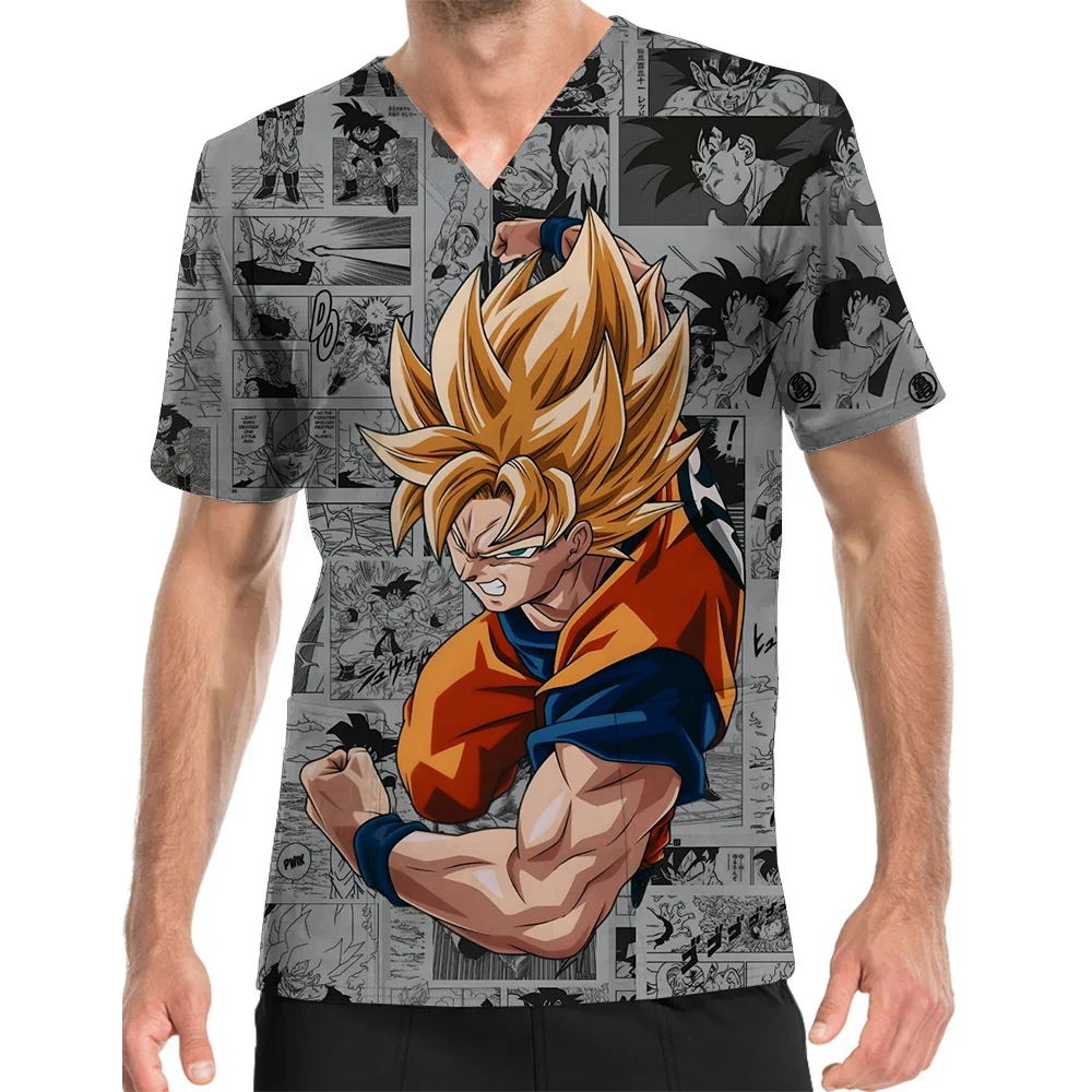 Dragon Ball Anime Print Medical Workwear for Male Nurses in Clinical Operating Rooms and Healthcare Professionals - V-Neck Top
