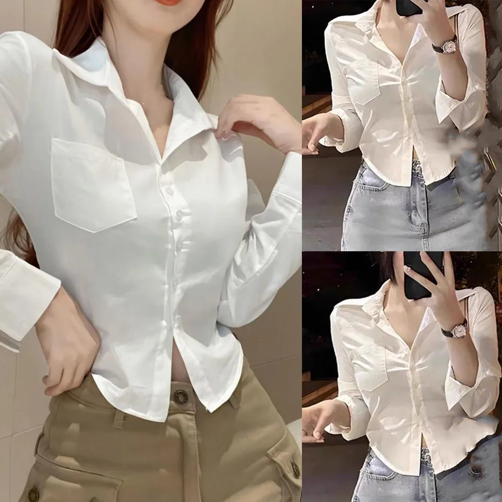Casual Outing One Size Fashion Lapel Button Solid Color Long Sleeve Top Blouse Suitable For Summer V-neck Neckline