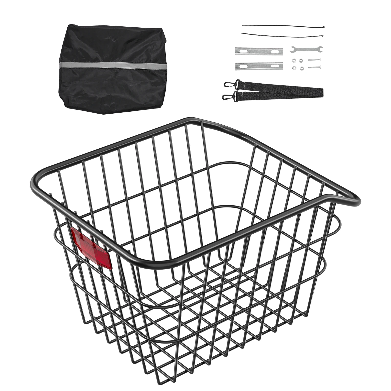 SucceBuy Rear Bike Basket Metal Wire Bicycle Basket with Reflective Tail Light & Waterproof Cover Fits to Most Rear Bike Racks