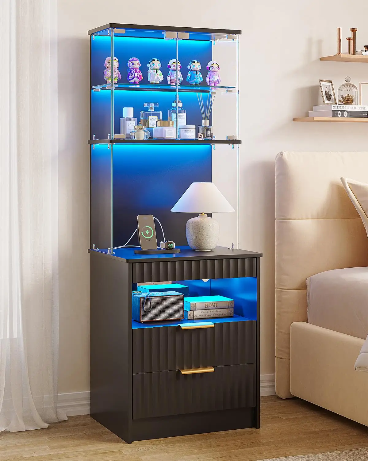 Tall Nightstand with Hidden Drawer, LED Glass Shelf & USB Charging Station, Customized