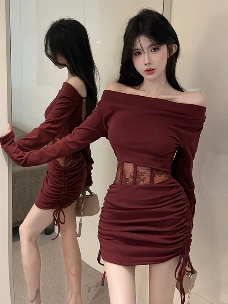 Sexy Mesh Waistless Shoulder Sheer Boned Panel Mini Dresses Women's Autumn Y2K New Slimming High Waist Drawstring Bodycon Dress