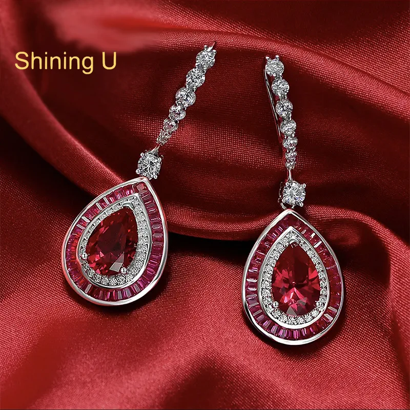 

Shining U S925 Silver High Carbon Daimond 3ct Ruby 8*12mm Drop Earrings for Women Engagement