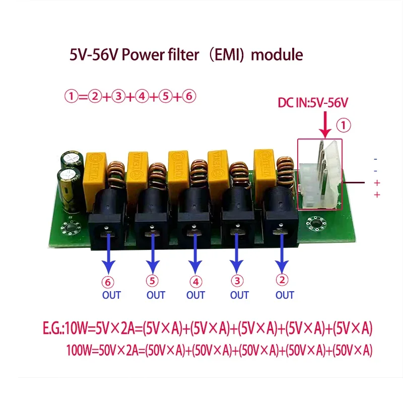 One to five 5V-56V power splitter EMI  Anti interference, improving circuit stability and reliability