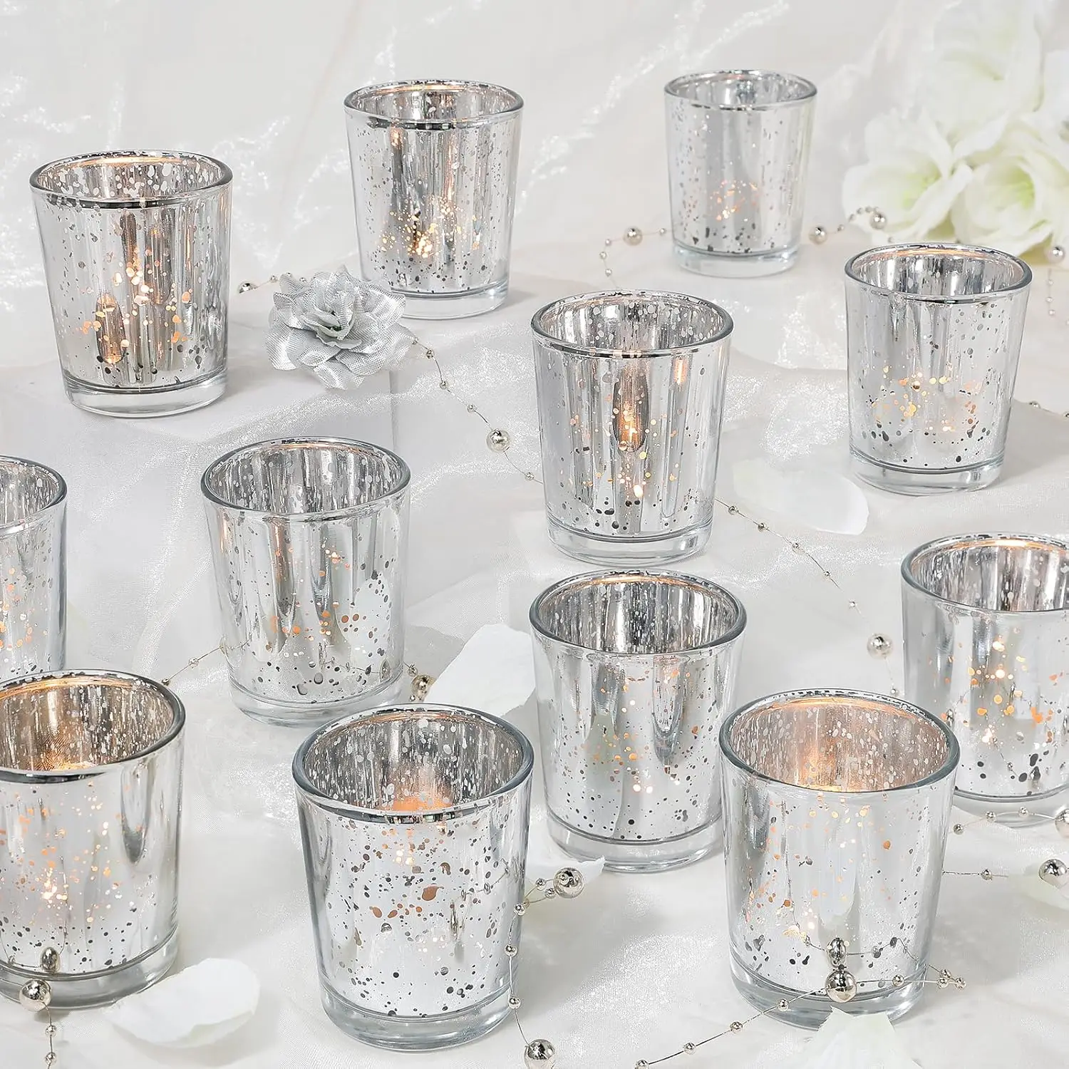

24-Pack Mercury Glass Tealight Candle Holders for Wedding Centerpieces, Silver Votive Candle Cups for Party & Home Decor