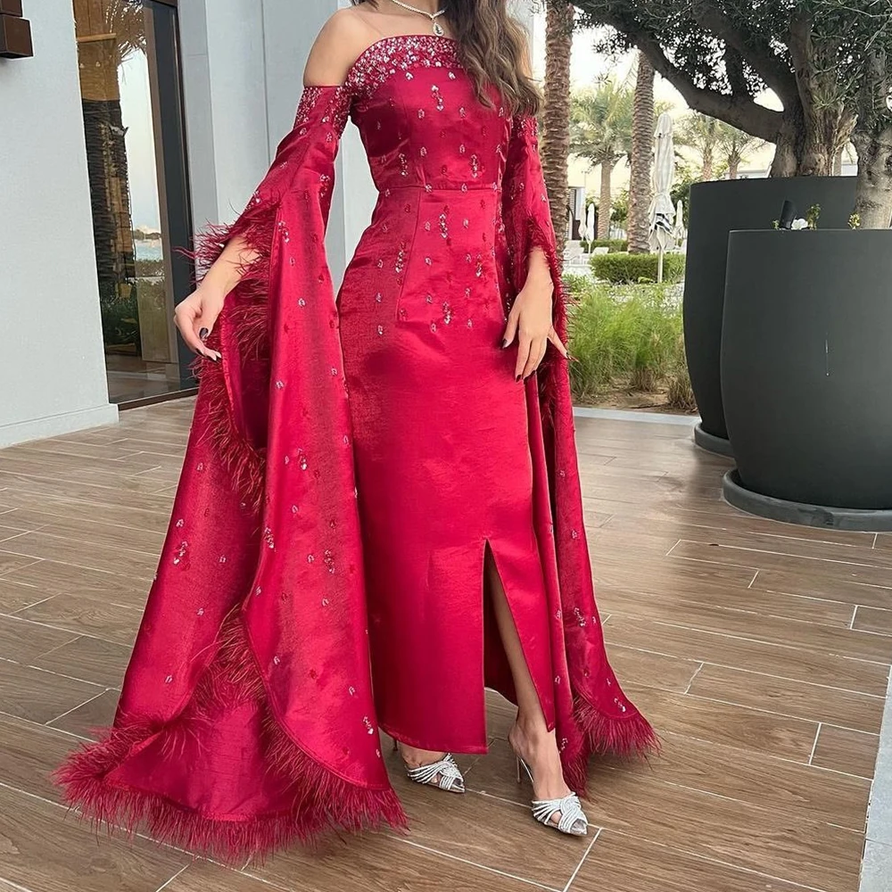 Exquisite Straight Ankle Length Strapless Satin Half Sleeves Crystal Feather Evening Dress Modern Photo Color vestidos de fiesta