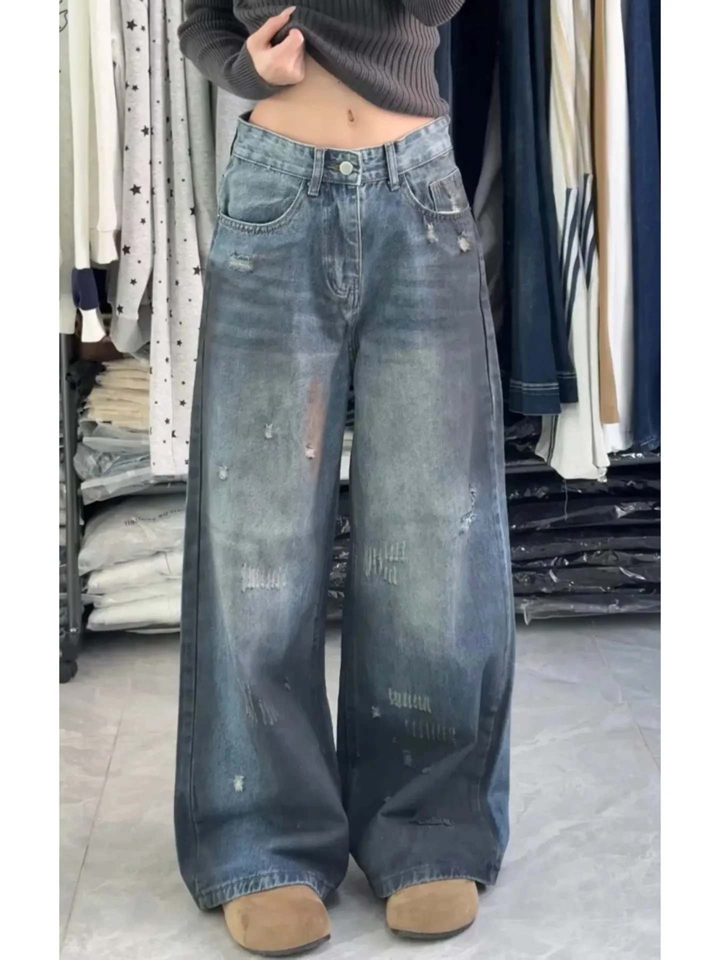 

Retro American Washed Graffiti Jeans Men Women High Street Loose Wear Resistant Wide Leg Long Trousers plus Size Denim
