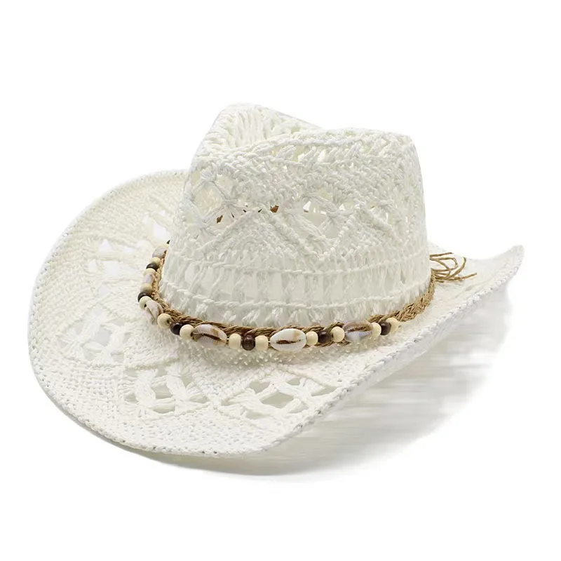 Vintage Sommer Strand Bohemian Strohhut mit Muscheln für Damen und Herren, Western Cowboyhüte mit Holzperlen, Ausgehöhlter Sonnenhut, Urlaubsmütze – Detail 11