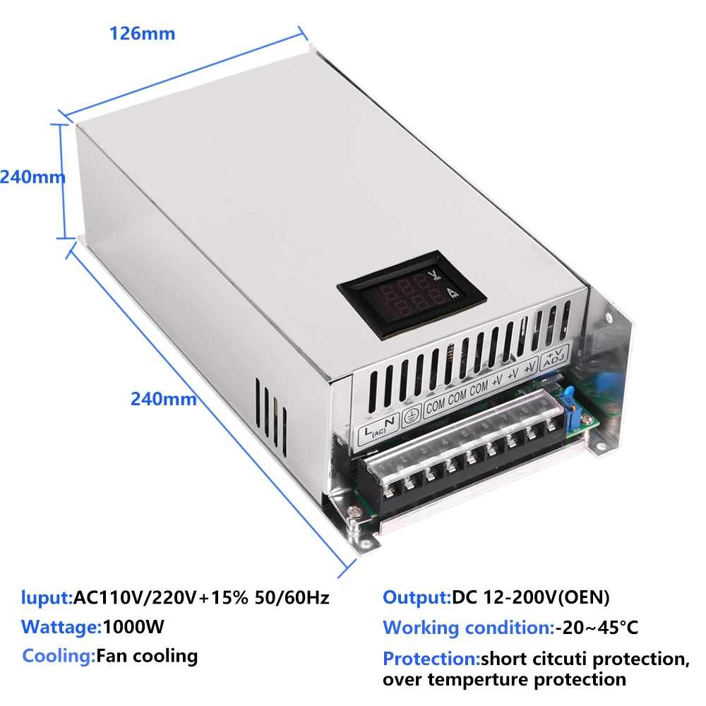 Digitaal display Verstelbare 1000W voeding 0-12V 15V 24V 27V 30V 36V 48V 60V 68V72V 85V 90V 100V 110V 150V 200V Ac naar Dc Smps