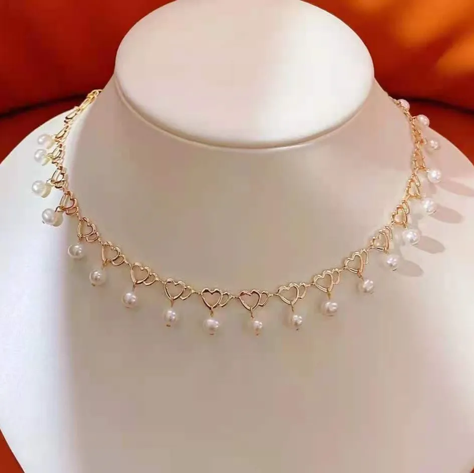 

Hot sale lace love necklace with 5-6mm high quality freshwater pearl necklace for ladies high-end necklace