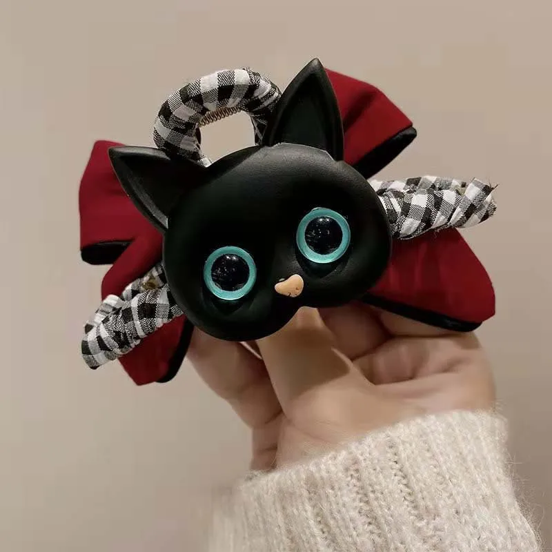 New Cartoon Cat Hair Claw for Women Vintage Check Bow Claw Clips Cute Temperament Hairpin Trendy Casual Aesthetic Hair Accessory