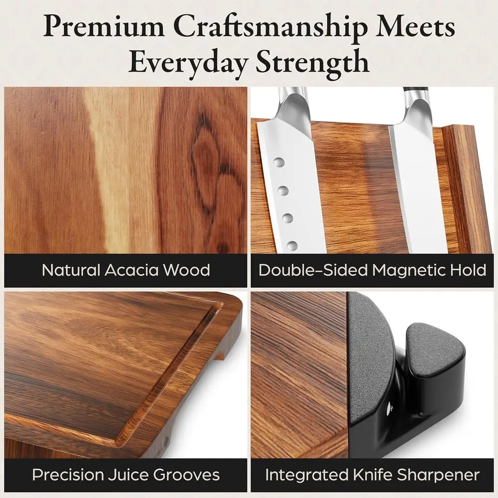 แท่นวางมีดแม่เหล็กไม้สองด้าน พร้อมเขียงไม้กระถินเทศขนาด 14x10 นิ้ว และที่ลับมีด