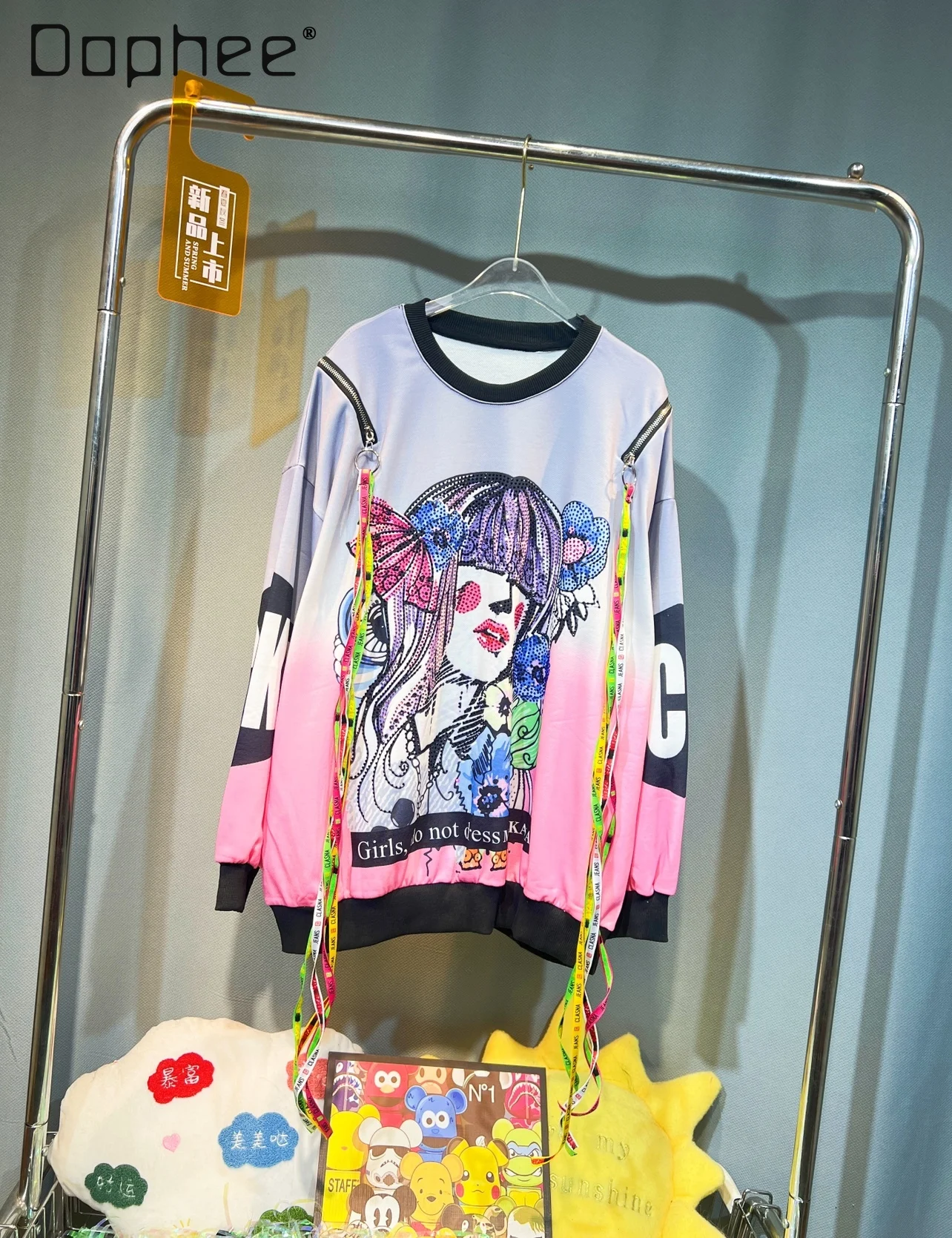 Fashion Cartoon Rhinestone Sweatshirt Women Autumn New Loose Mid-Length Round Neck Letter Print Colorful Ribbon Long Sleeve Top
