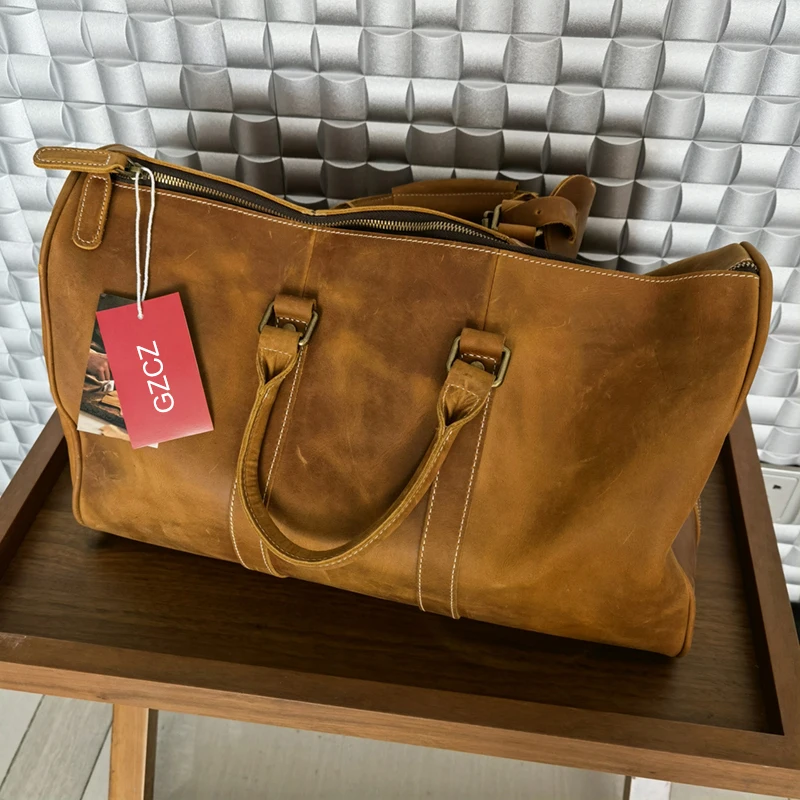 GZCZ Carry On Travel Duffle Bag Genuine Leather Waterproof Sports Gym Tote Bags for Men Large Capacity Storage Luggage Handbag