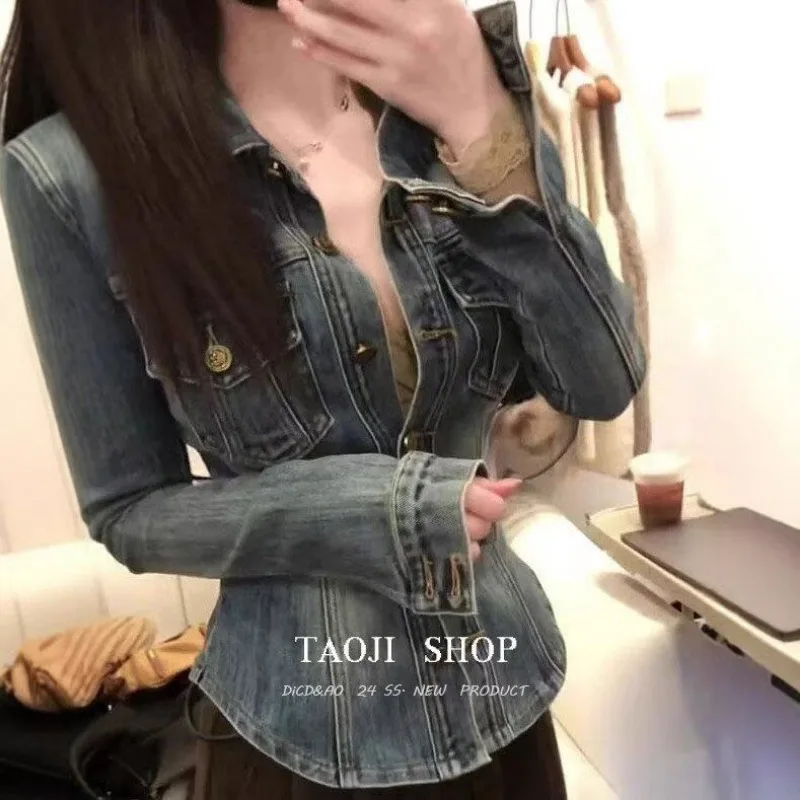 

Retro Polo Collar Blue Denim Shirt Spring and Autumn Waist Slim Versatile Jacket Top for Women