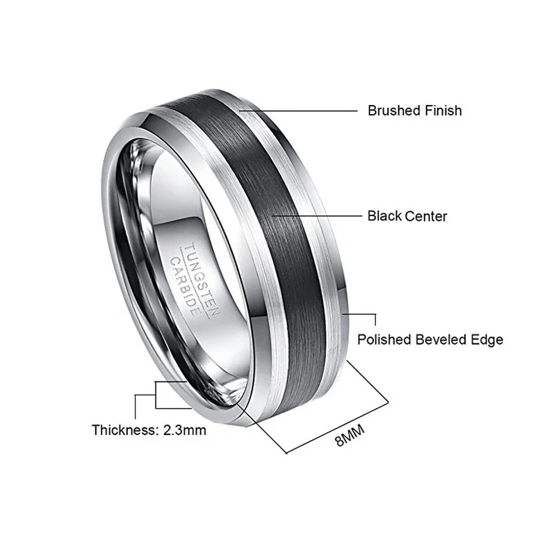 Nuncad-男性用タングステンカーバイドリング、結婚式と婚約用のブラシリング、センターベベルエッジ、ブラック仕上げ、t020r、8mm
