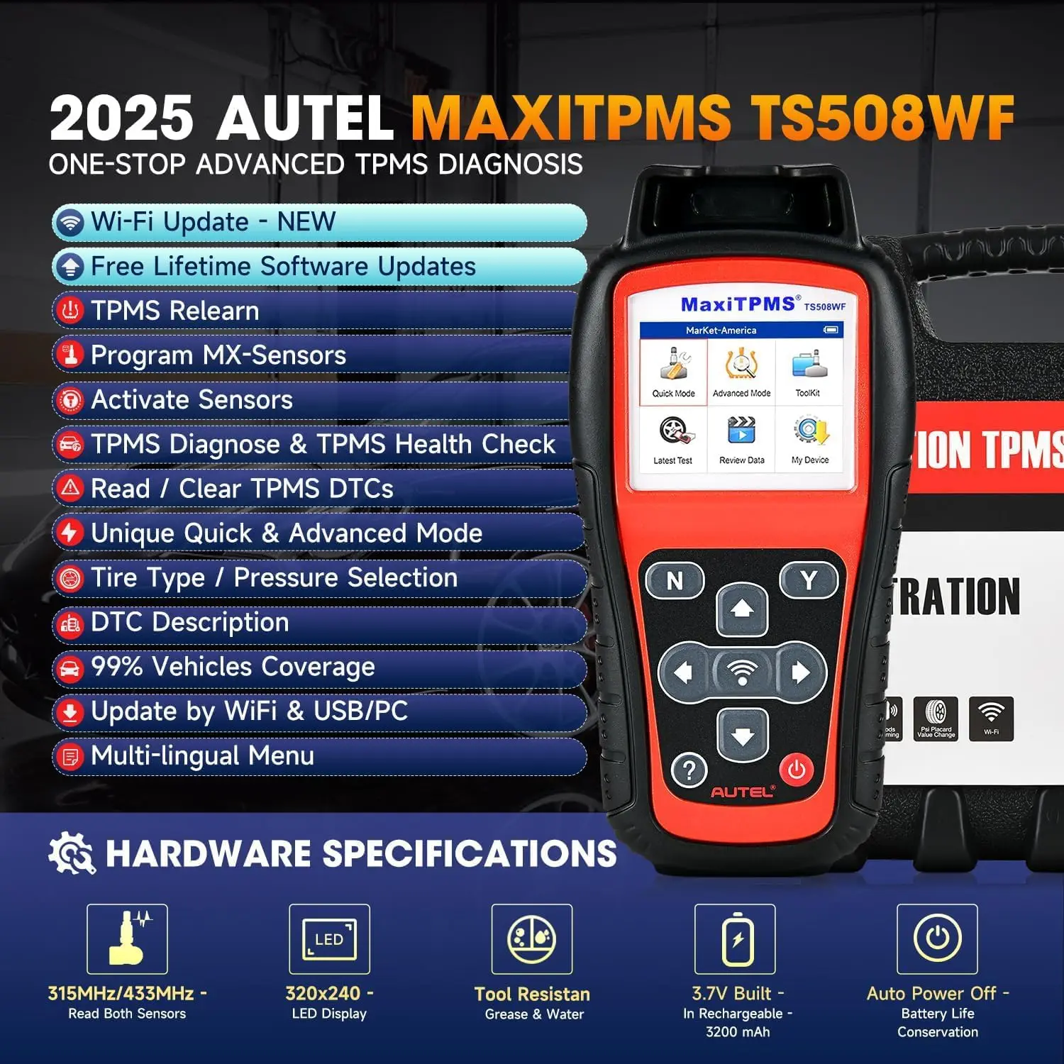 2025 Autel TS508WF TPMS MX-sensor 315/433MHz herramienta de servicio de programación WiFi de diagnóstico de coche programa de reparación de neumáticos activar volver