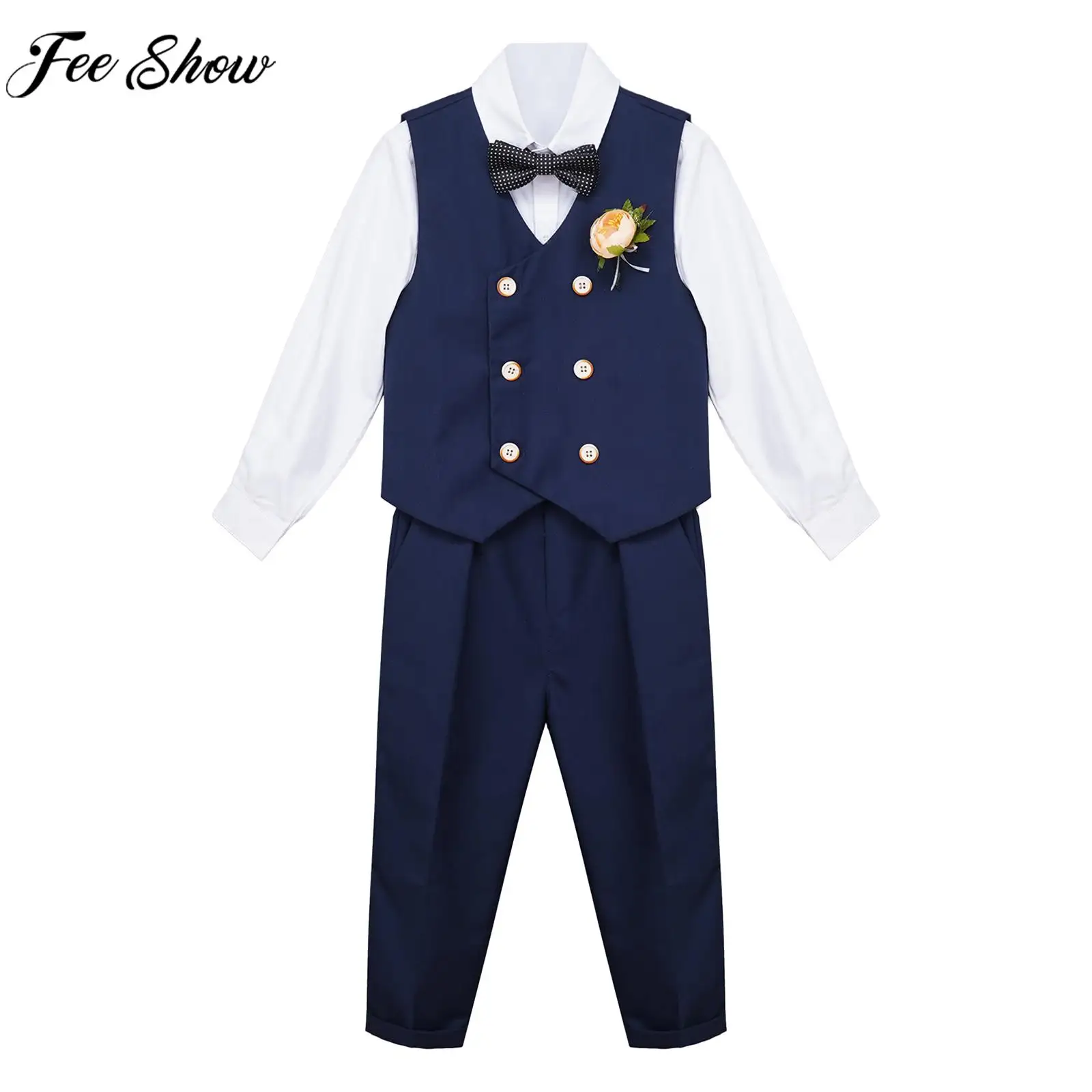 

Boys Formal Wedding Birthday Party Gentleman Suit Long Sleeve Shirt with Vest Pants Bow Tie Corsage Christening Stage Costume