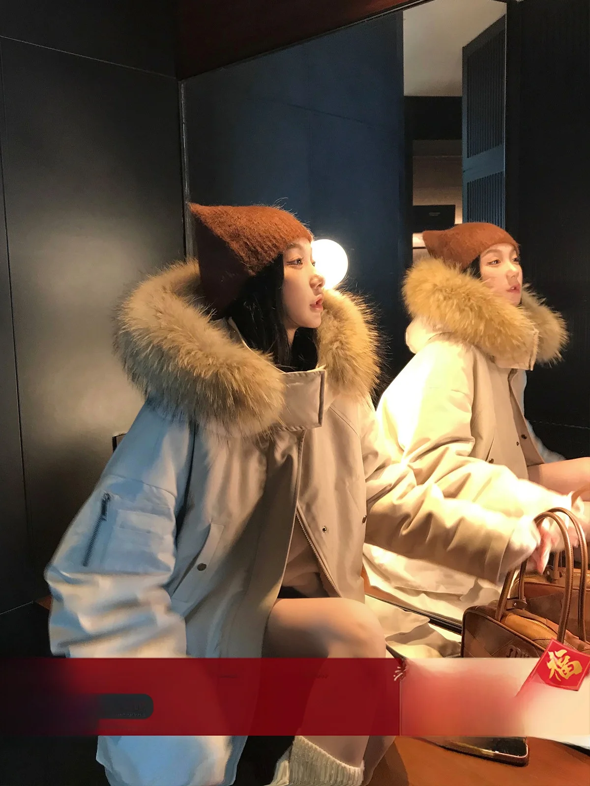 

Women's Thiened Winter Coat with Fur Collar Mid-Length Hooded Jaet Removable Inner Vest Chinese Brand Commute Sle