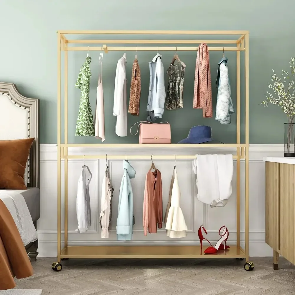 

y Large Wardrobe Closet Home Furniture Gold Garment Rack for Hanging Clothes Gold Clothing Rack With Shelves