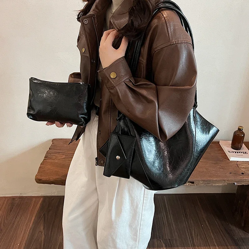 LEFTSIDE 2 Pcs/set Leather Tote Bags Lady Winter Underarm Shoulder Bag for Women 2024 New Fashion Trend Y2K Handbags and Purses