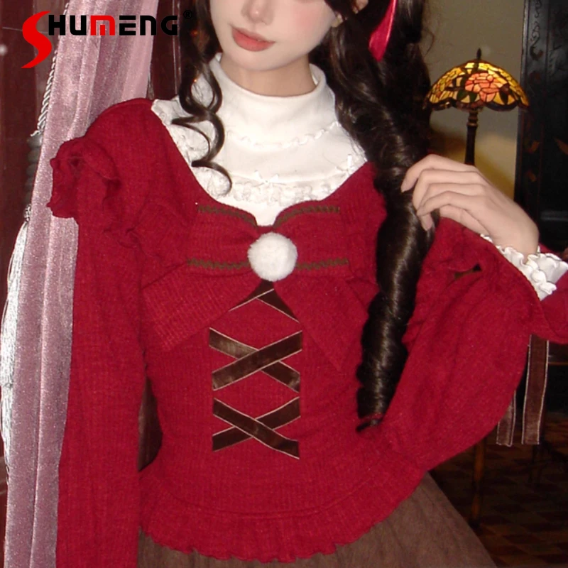 

Christmas New Year Japanese Unique Design Red Vintage Doll Style Off-Shoulder Sweater Set Long-sleeves Beautiful Knitwear Ladies