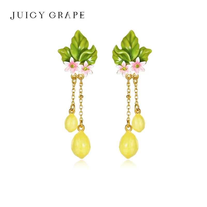 Juicy Grape Enamel Lemon Earrings Yellow Fruit Floral Charms Gold Plated Boho Summer Beach Jewelry Gift for Women