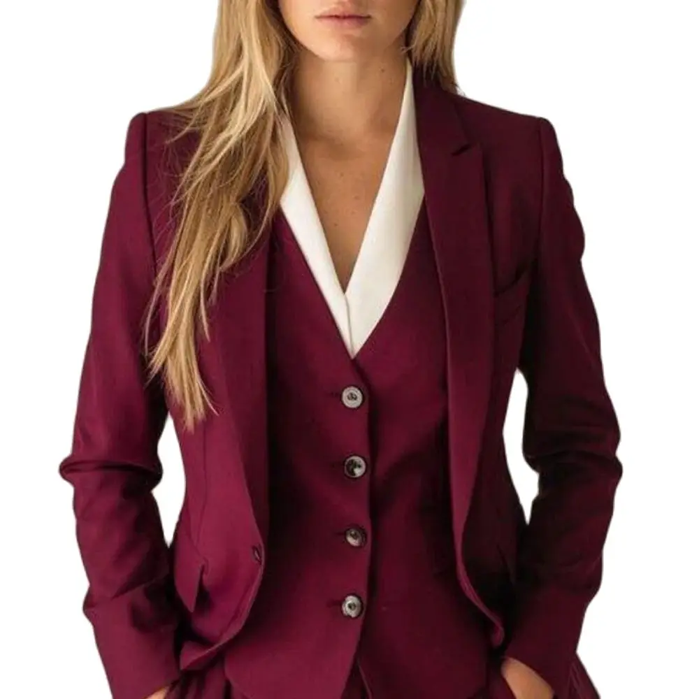 Burgundy Women Pants Sets Suits Single Breasted Peak Lapel Flat Front Elegant 3 Piece Jacket Trousers Vest Male Clothing Terno