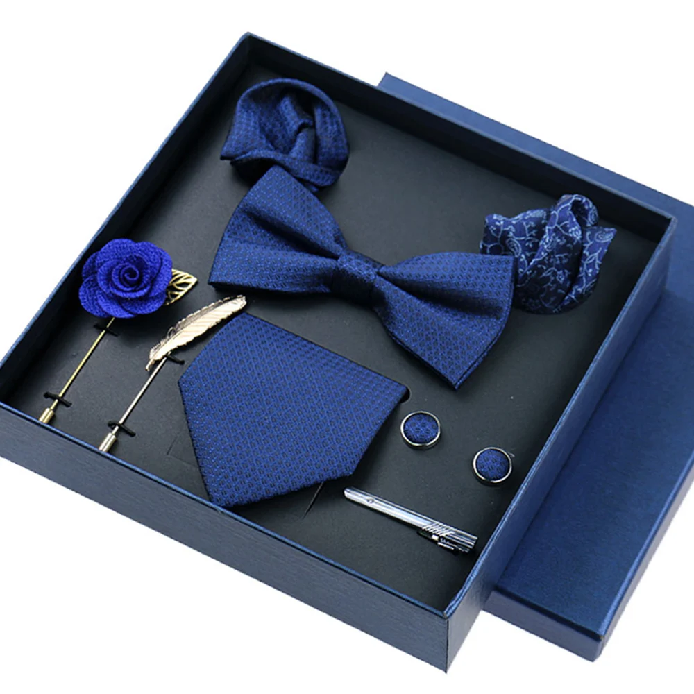 8ชิ้นชุด Classic Bow Ties สำหรับผีเสื้อ Kerchief สแควร์ Cufflinks เข็มกลัด Tie คลิปธุรกิจโบว์ชุดของขวัญกล่องชุด