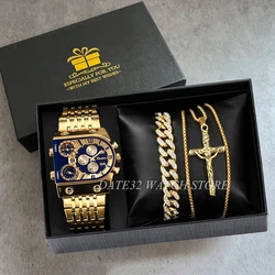 Gift Set Luxury Men Watch Chronograph Gold Watches Hip Hop Bracelets Big Dial Male Golden New Wristwatch Clock Relogio Masculino
