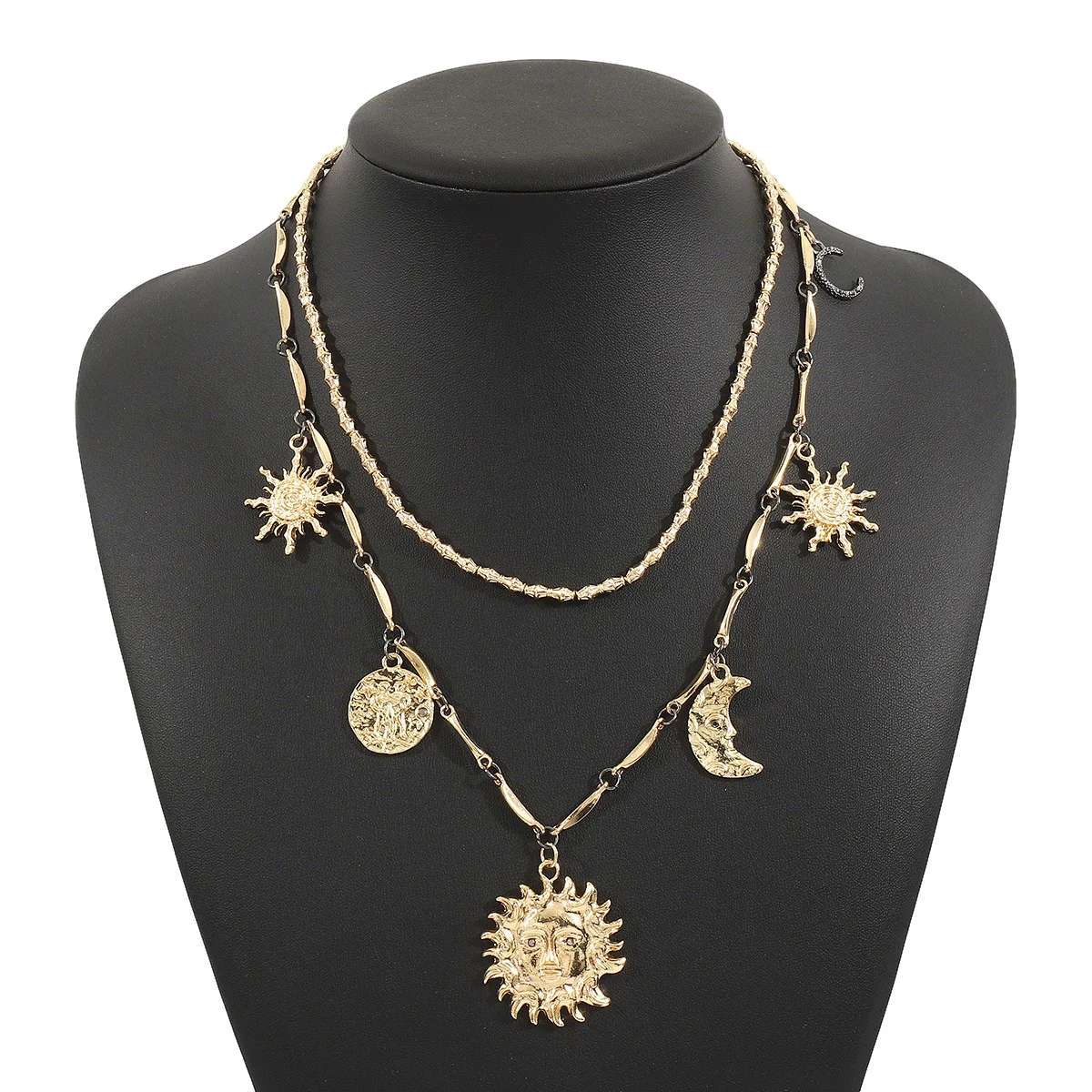 Ancient Alloy Sun Moon Pendant Necklace ZA Personality Double Layer Stackable Chain Collarbone Necklace