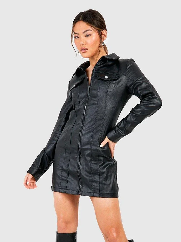 

Women Black Matte Faux Leather Mini Dresses Ladies Laple Neck Long Sleeve Front Zip Open PU Short Dress Chic Clubwear New Custom