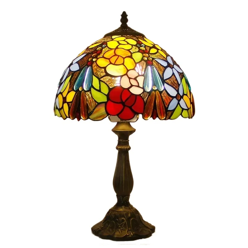 

Dia 30cm Stained Glass Rose Flower Lampshade Retro Tiffany Desk Lamp Bedside Lamp Study Bar Hotel Villa Hotel KTV Table Lamp