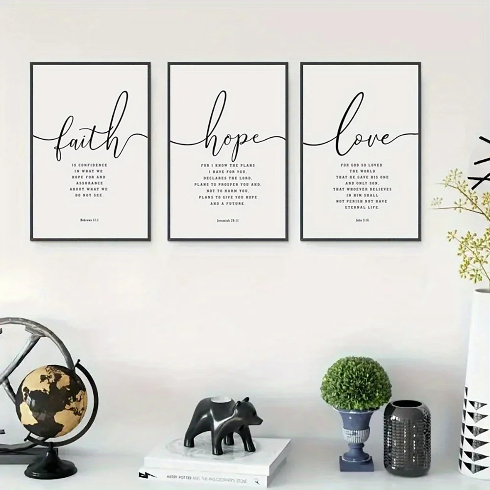 （Noframe 3PCS）-3pcs Set Inspirational Quotes Wall Art, Black and White Canvas Prints, Minimalist Abstract Faith, Hope, Love P