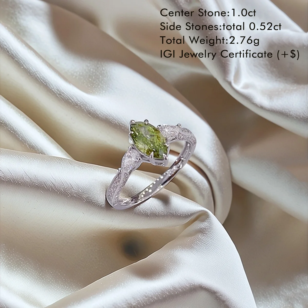 1.0ct Green Marquise Lab Diamond 18K White Gold Three Stone Diamond Ring Luxury Lab Diamond Engagement Ring for Women