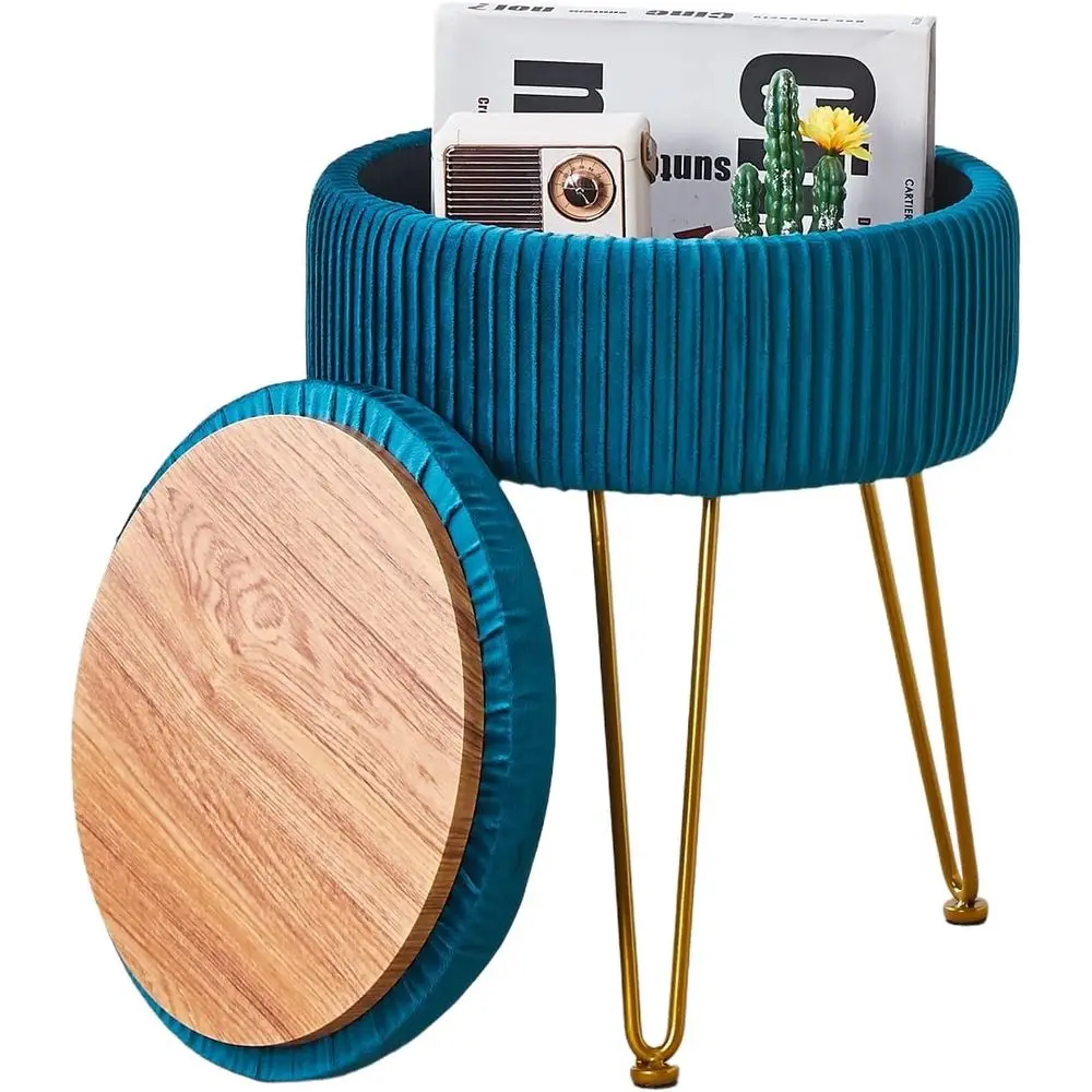 

Велюровый многофункциональный табурет-пуф с круглой обивкой, местом для хранения и сиденьем из пены с эффектом памяти, цвет бирюзовый