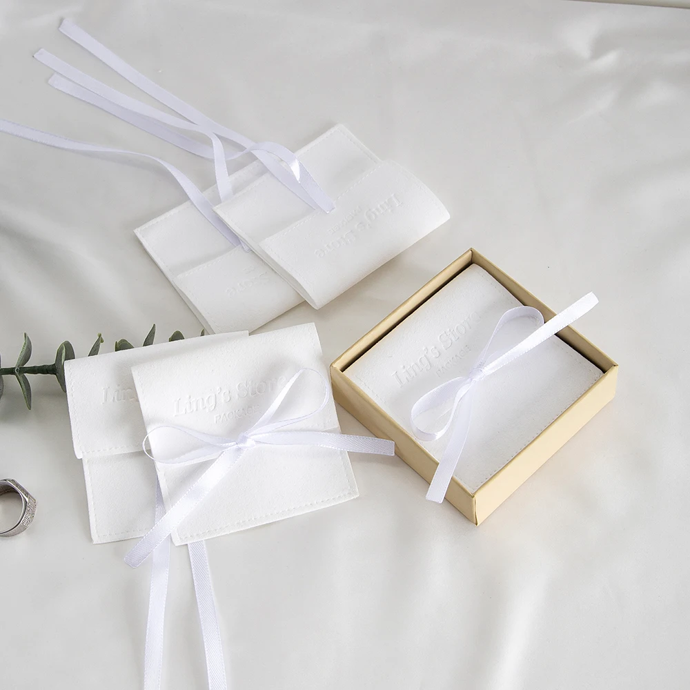 100Pcs White Personalized Logo Jewelry Microfiber Half Cover Ribbon Bag Wedding Favors Gift Packaging Flannel Suede Velvet Pouch