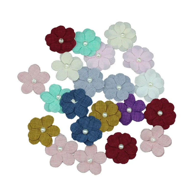 (20 Pcs/pack) 25mm Five Petal Flower Patch Double Layer Fabric Flower Mixed Color Pearl Petal Decoration Girl Headwear DIY