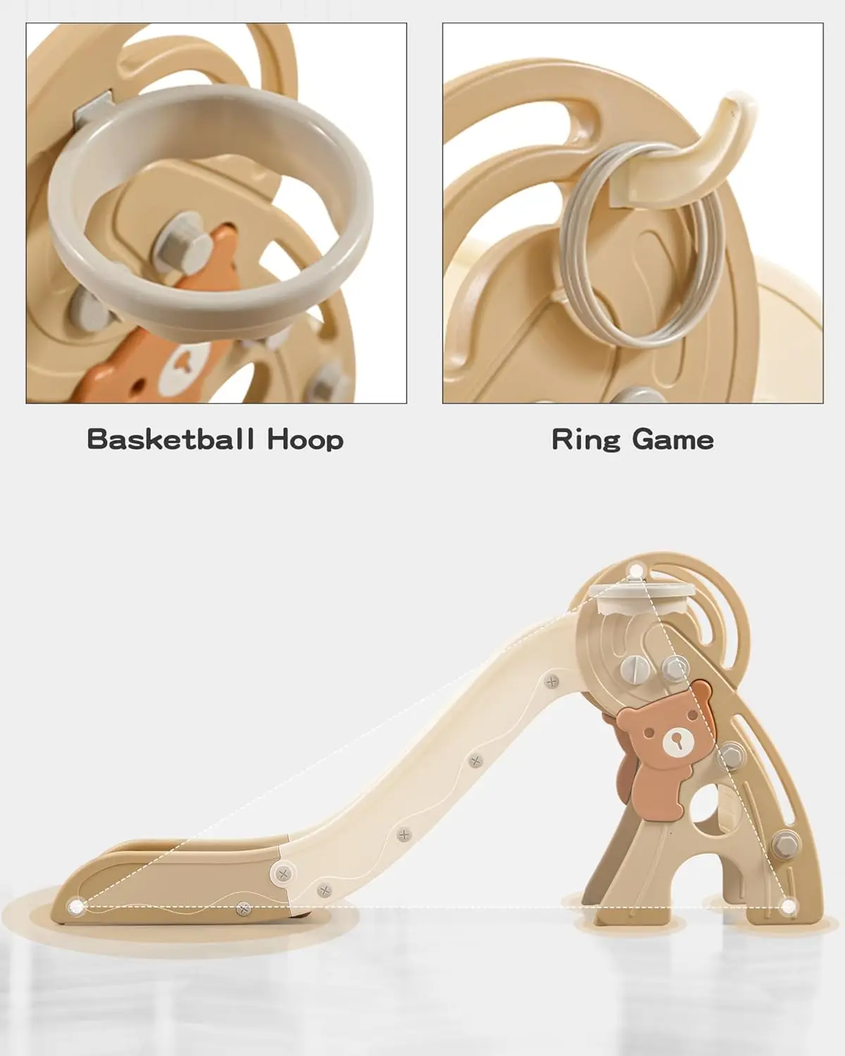4 in 1 Toddler Slide,Freestanding Kid Slides,Baby Plastic Foldable Slides with Basketball Hoop and Ball,Indoor and Outdoor Toddl