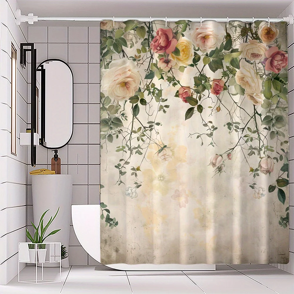 1pc Vintage Rose Floral Polyester Bath Curtain with Hooks - Woven Water-Resistant Digital Print Divider, Machine Washable