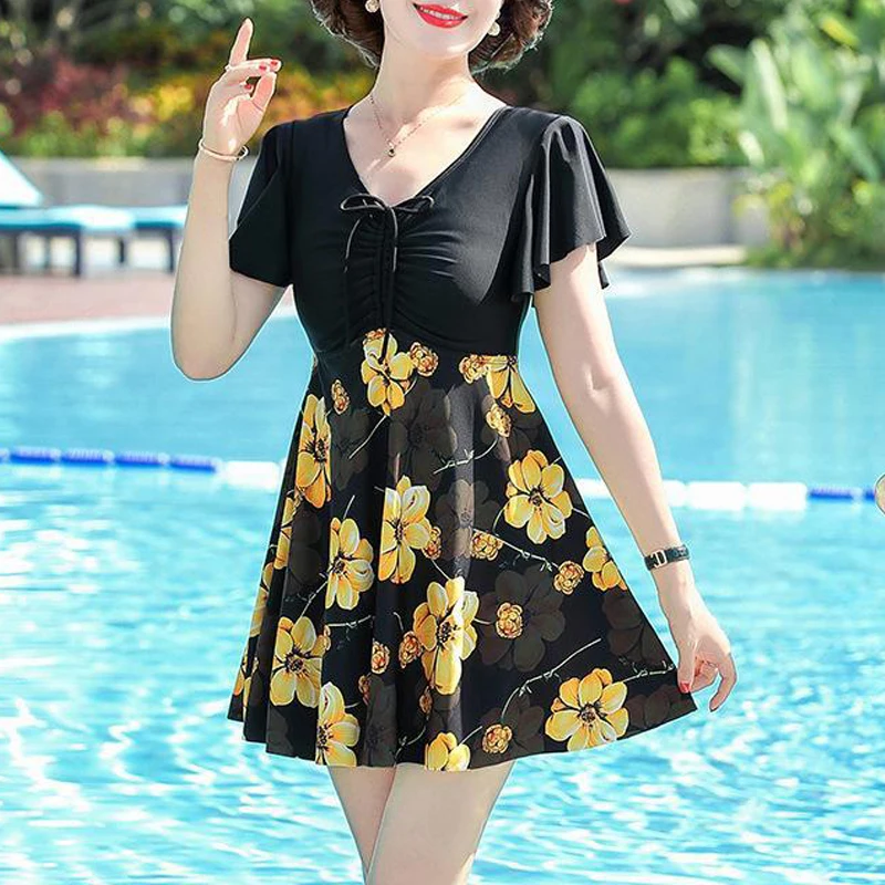 Women Floral Print Patchwork Lace Up Two Piece Swimsuit 2023 Summer Elegant Fashion Short Sleeve Slim Beach Mini Dress Swimwear