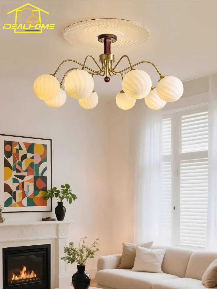 

French Medieval Copper Glass Chandelier Lighting LED E27 Living Room American Retro Atmosphere Pendant Light Bedroom Dining Room