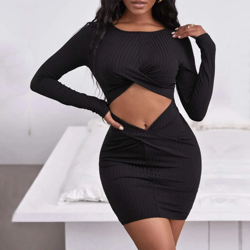 YQ1-2025Spring and Summer New Sexy Hollow Twist Two-Section Bodycon Knitted Long Sleeve Dress for Women