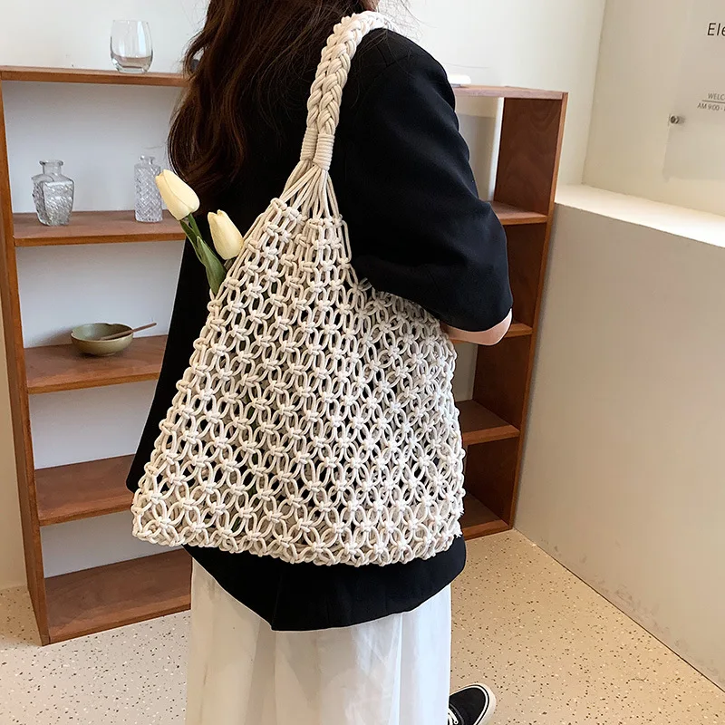 Hand-Woven Straw Bag Women Handmade Hollow Handbag Female Rattan Shoulder Bag Big Capacity Summer Casual Travel Beach Tote Purse