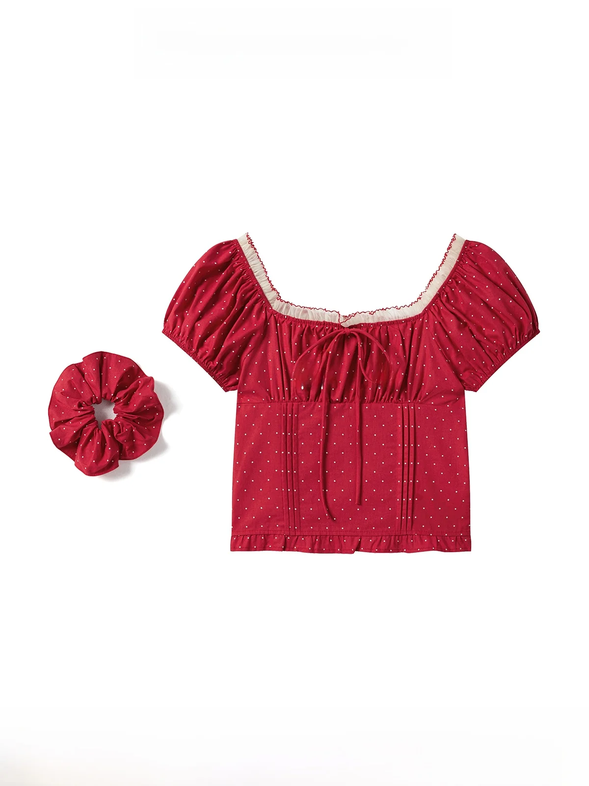 

Красная женская блузка с цветочным кружевом и коротким рукавом, винтажная, в горошек, с квадратным воротником, летняя, из льняно-хлопковой смеси, в стиле пэчворк