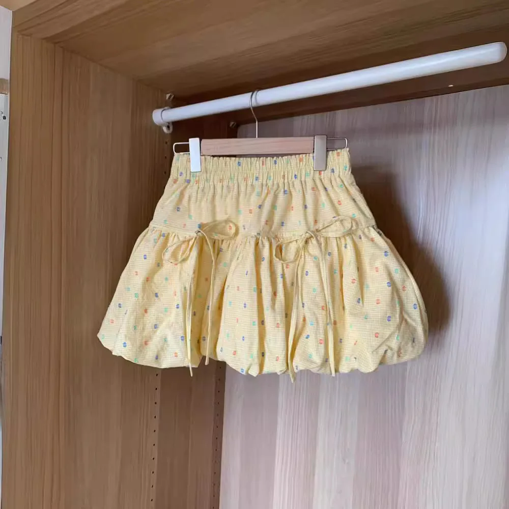 

Fragmented Flower Wave Dotted Flower Bud Skirt For Women, Summer Bow Sweet A-Line Short Skirt, Ruffle Edge Skirt