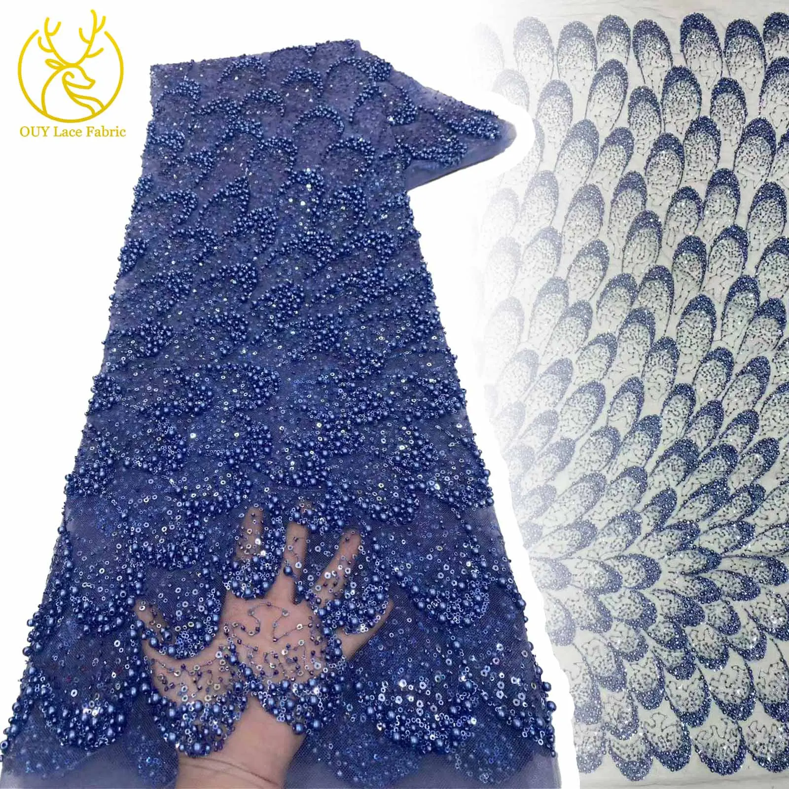 

Navy Blue African Handmade Beaded Lace Fabric Luxury Fashion French Nigerian Sequins Lace Fabric for Women's Wedding Dresses