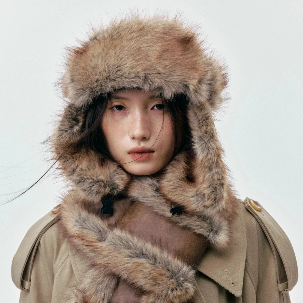 Retro Trendy Brown Faux Fur Women Trapper Hat Plush Thick Winter Warm Men Scarf Outdoor Driving Skiing Unisex Earflap Hat