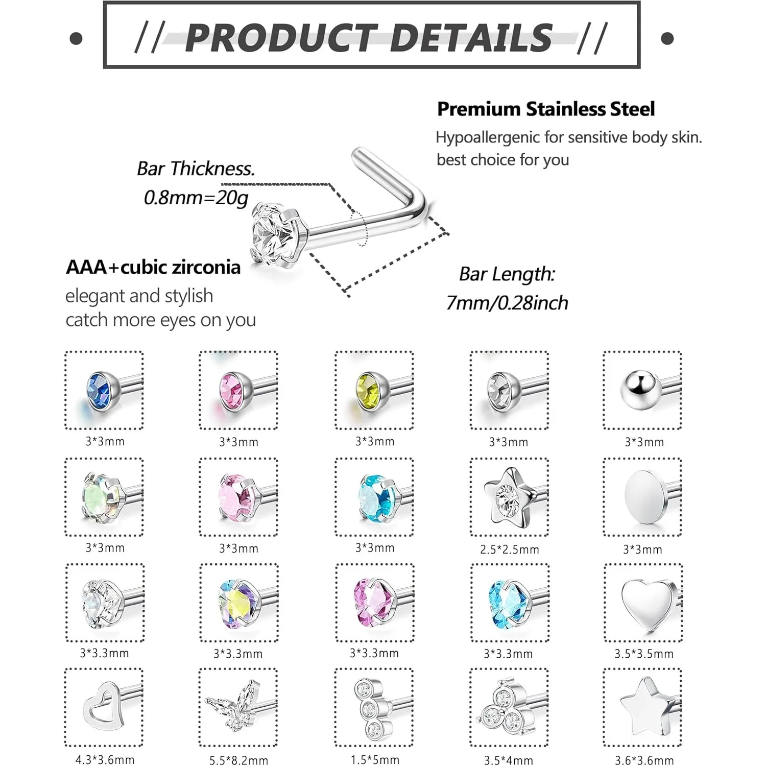 Bobisty 21Pcs Nose Studs 316L Surgical Steel for Women Men Colorful CZ S/L Shaped Nose Stud Screw Nose Piercing Jewellery 20G
