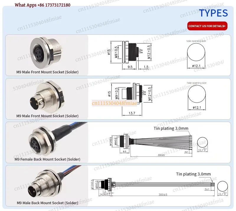 M9 Metal Male Female Front Mount Socket 3 4 5 6 8 Pin Soldering With 30cm Wire Waterproof IP67 Connector