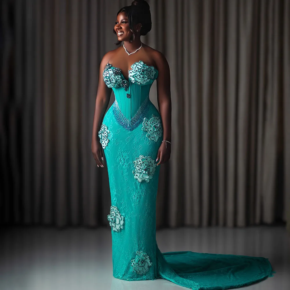 

Stunning African Evening Dresses Bead Lace Glitter Wedding Engagement Party Gown Prom Party Gown Customized
